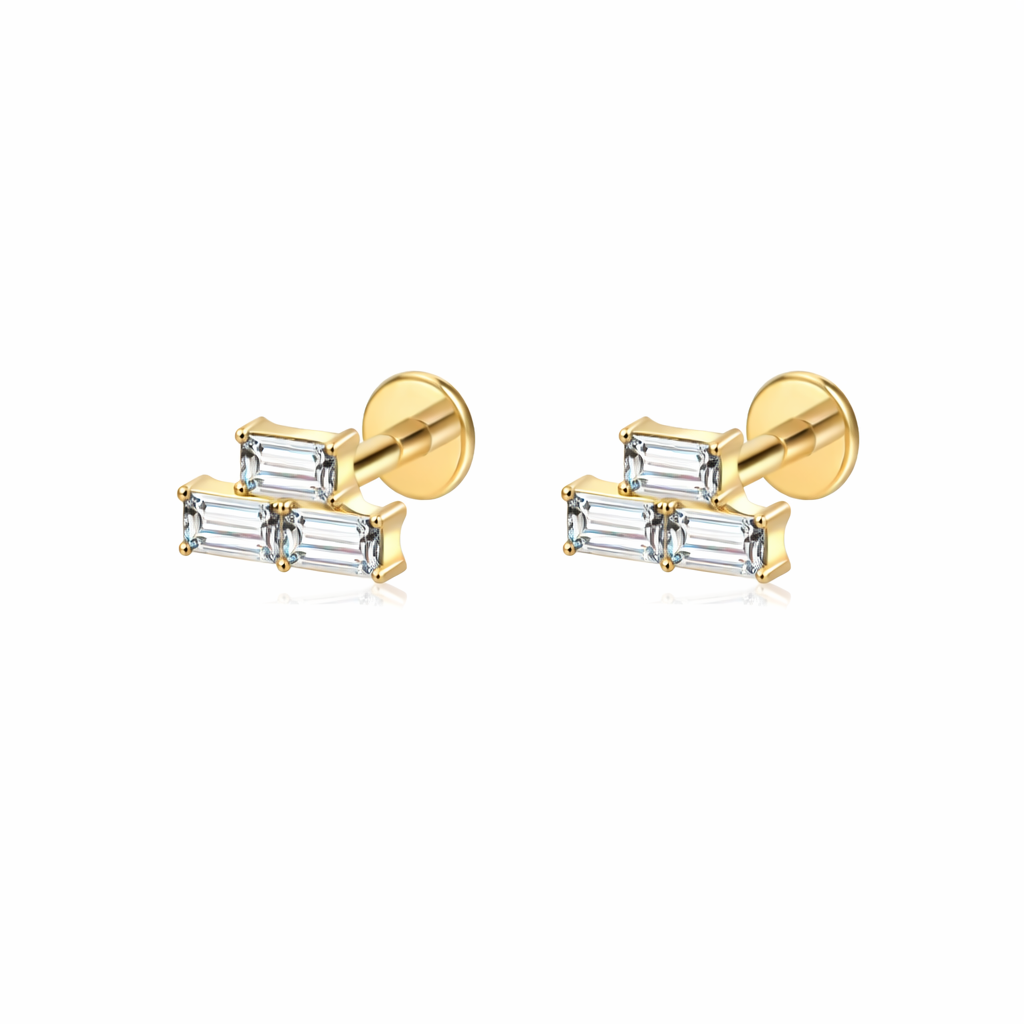 Baguette Trio Stud Earrings - Gold Plated Titanium Flat Back Studs