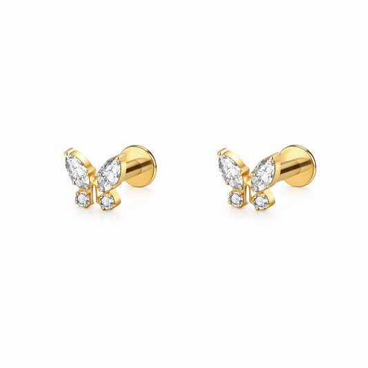 Butterfly Stud Earrings - Gold Plated Titanium Flat Back Studs