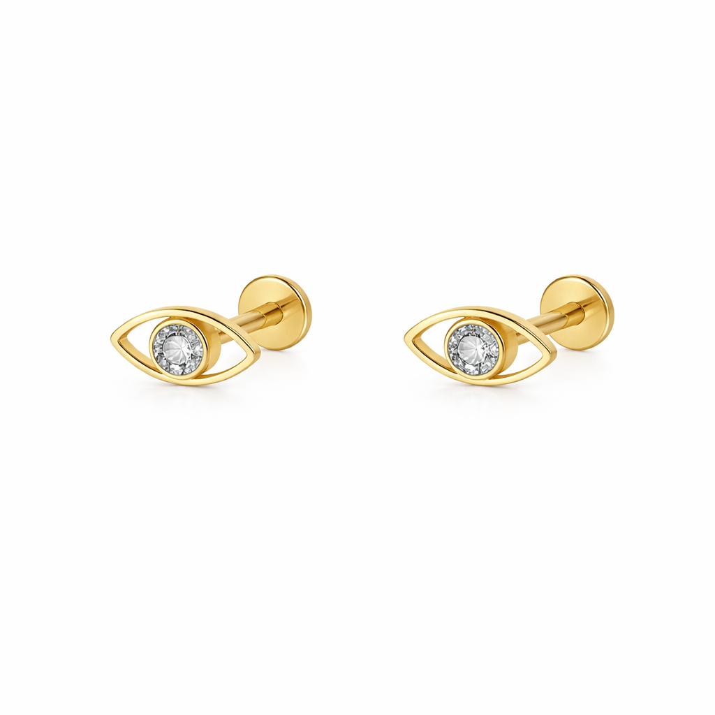 Evil Eye Stud Earrings - Gold Plated Titanium Flat Back Studs