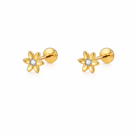 Flower Stud Earrings - Gold Plated Titanium Flat Back Studs