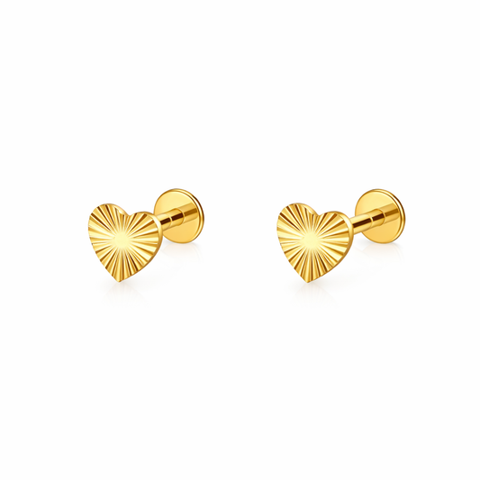 Fluted Heart Stud Earrings - Gold Plated Titanium Flat Back Studs