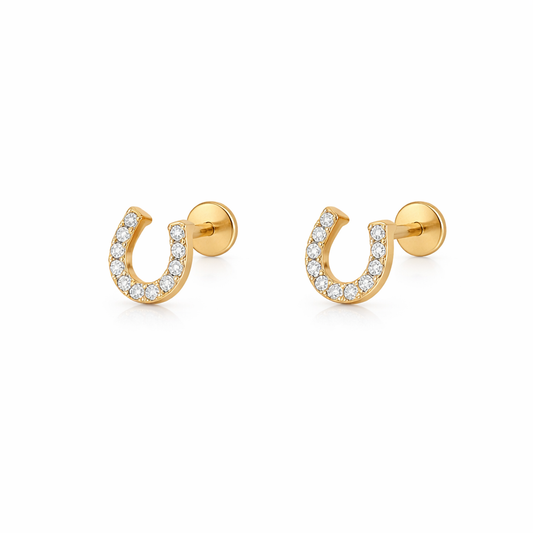 Horseshoe Stud Earrings - Gold Plated Titanium Flat Back Studs