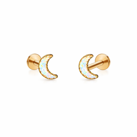 Crescent Moon Stud Earrings - Gold Plated Titanium Flat Back Studs
